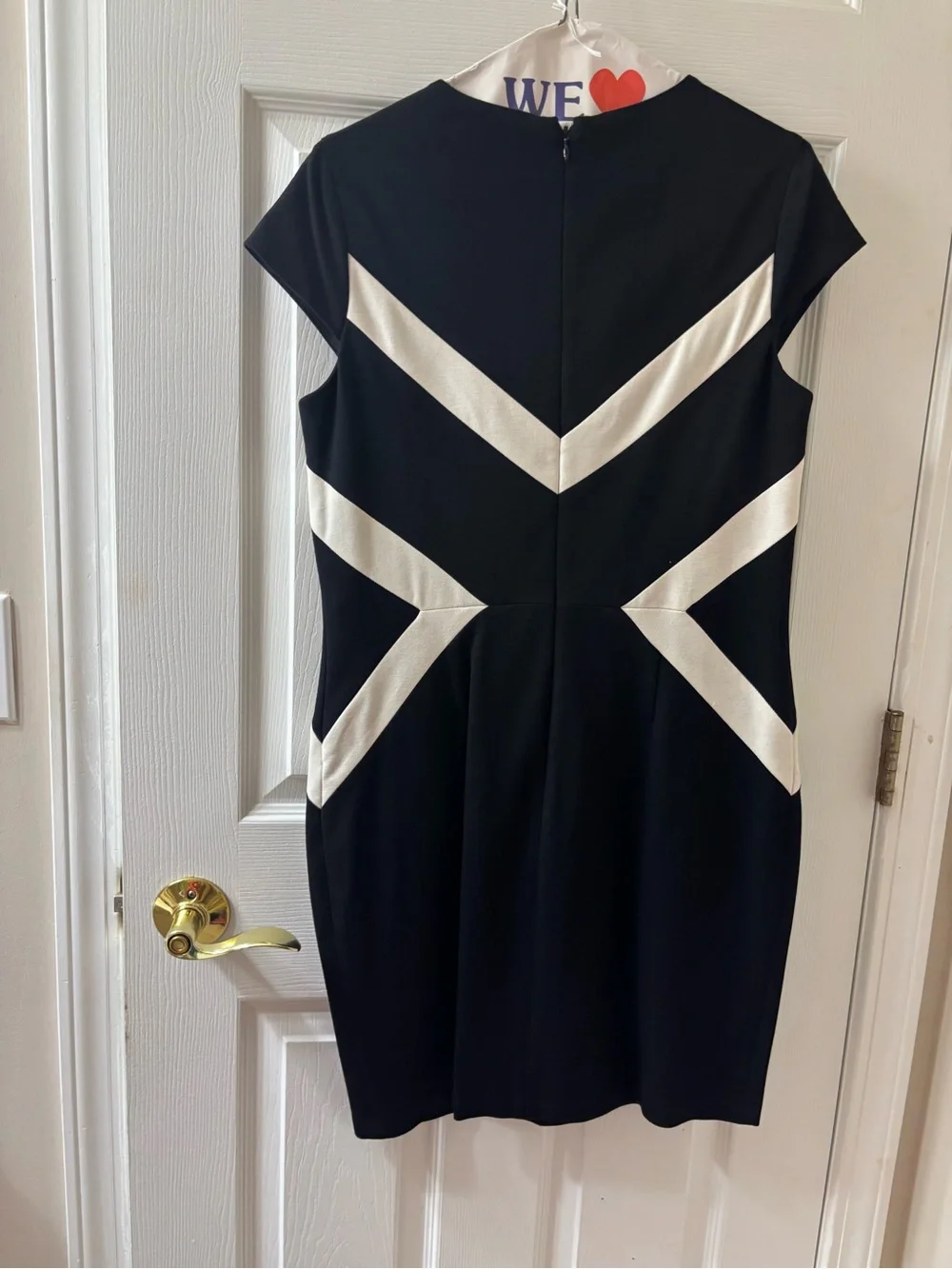 Cynthia Steffe Sleeveless Black Midi Dress with White Chevron Accents